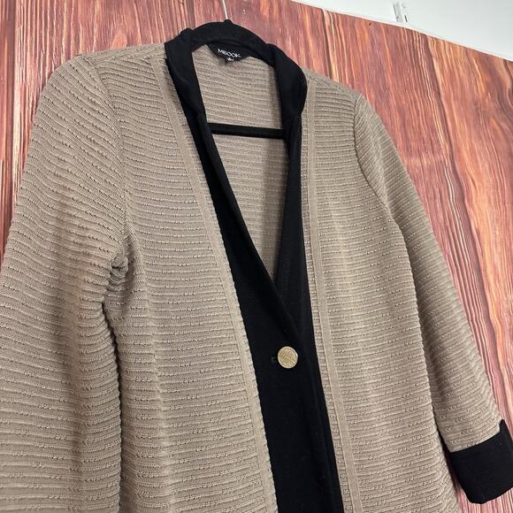 Misook Camel Beige Black Knit One Button Front Cardigan Jacket Collar Size Small - Picture 3 of 5